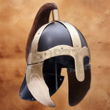 Gladiator Movie Helmet Replica featuring a black steel finish, engraved gold-tone trim, face guard, and brown horsehair crest inspired by ancient Roman warriors.