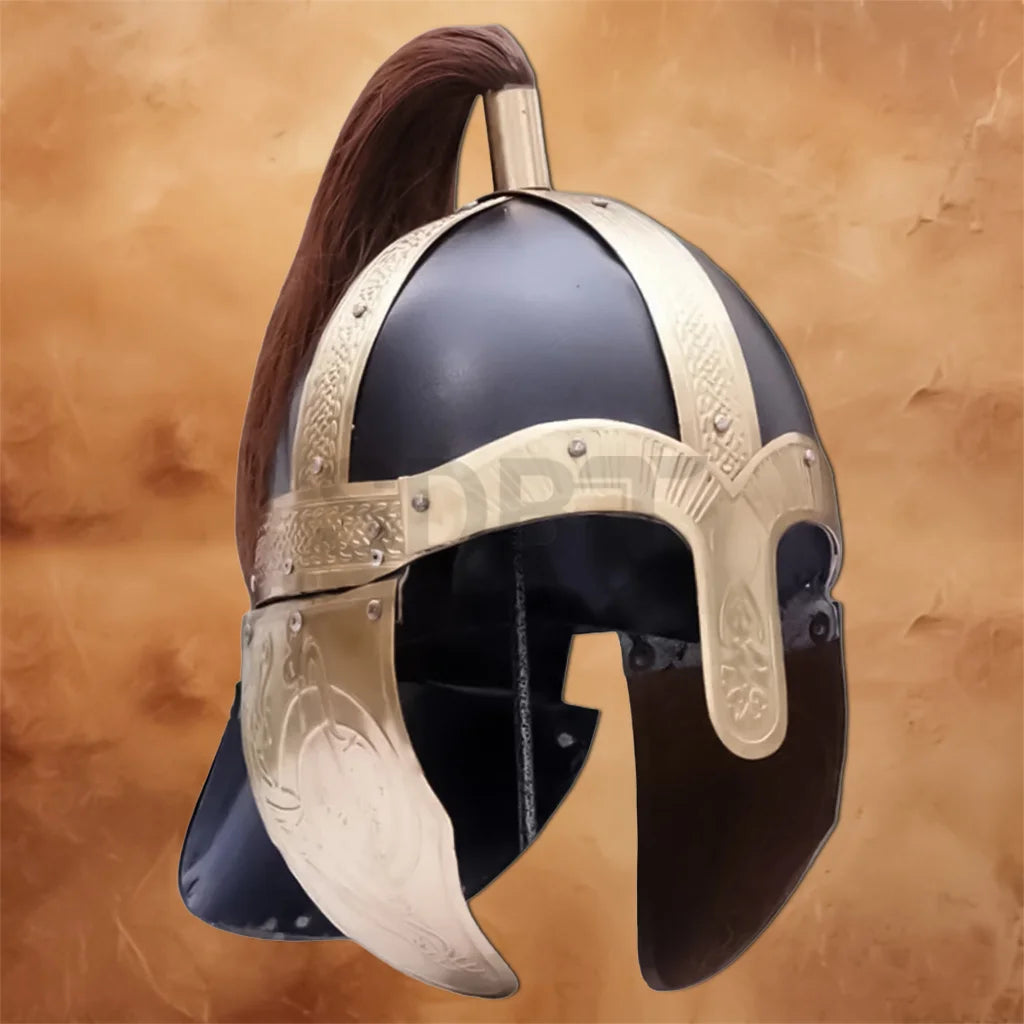 Gladiator Movie Helmet Replica featuring a black steel finish, engraved gold-tone trim, face guard, and brown horsehair crest inspired by ancient Roman warriors.