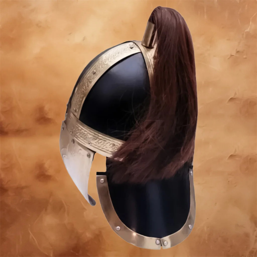 Rear view of the Gladiator Movie Helmet Replica showcasing the brown horsehair crest, black steel shell, and decorative gold-tone engraved bands.