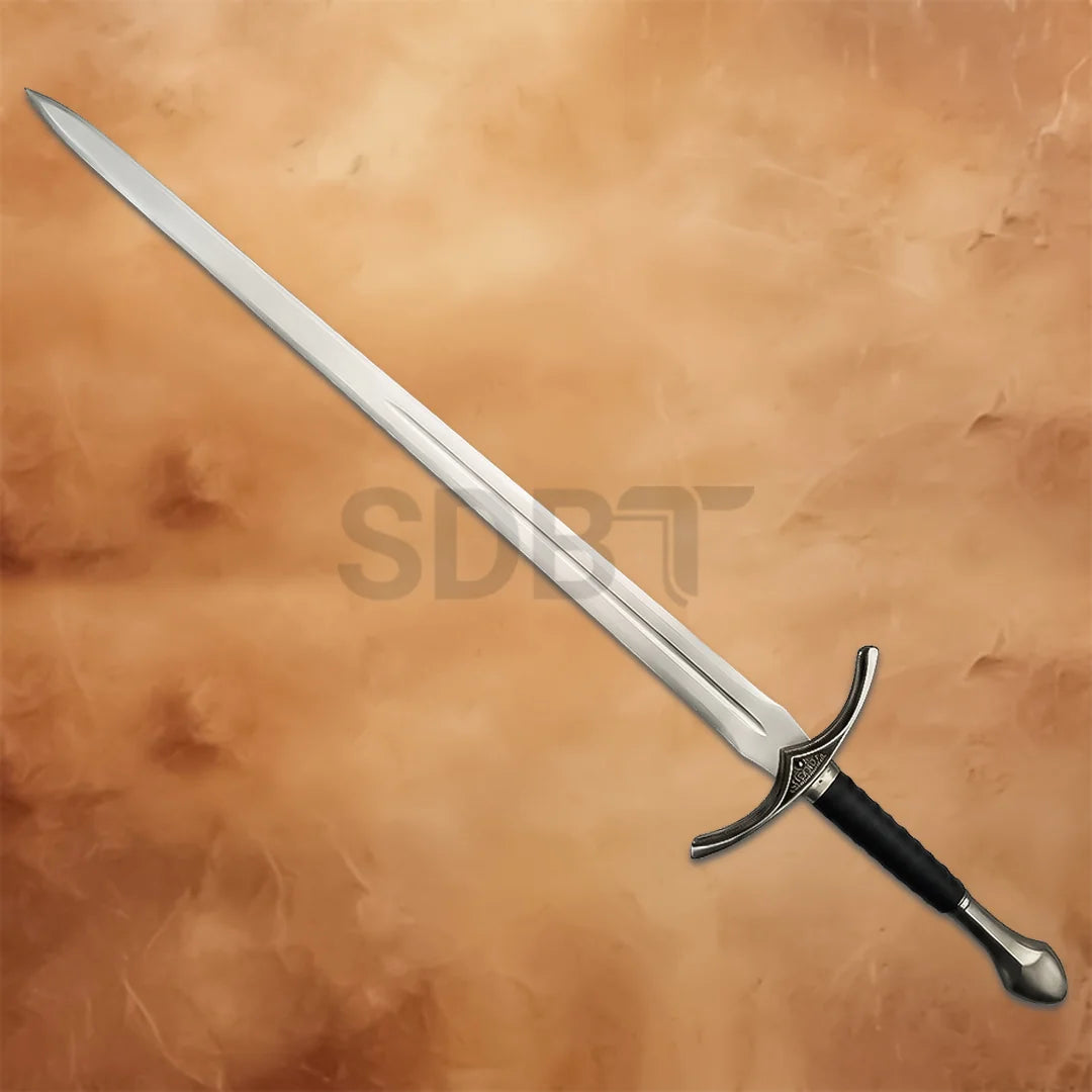 Full view of the Glamdring Sword From TV Series Black Edition replica with polished stainless steel blade.