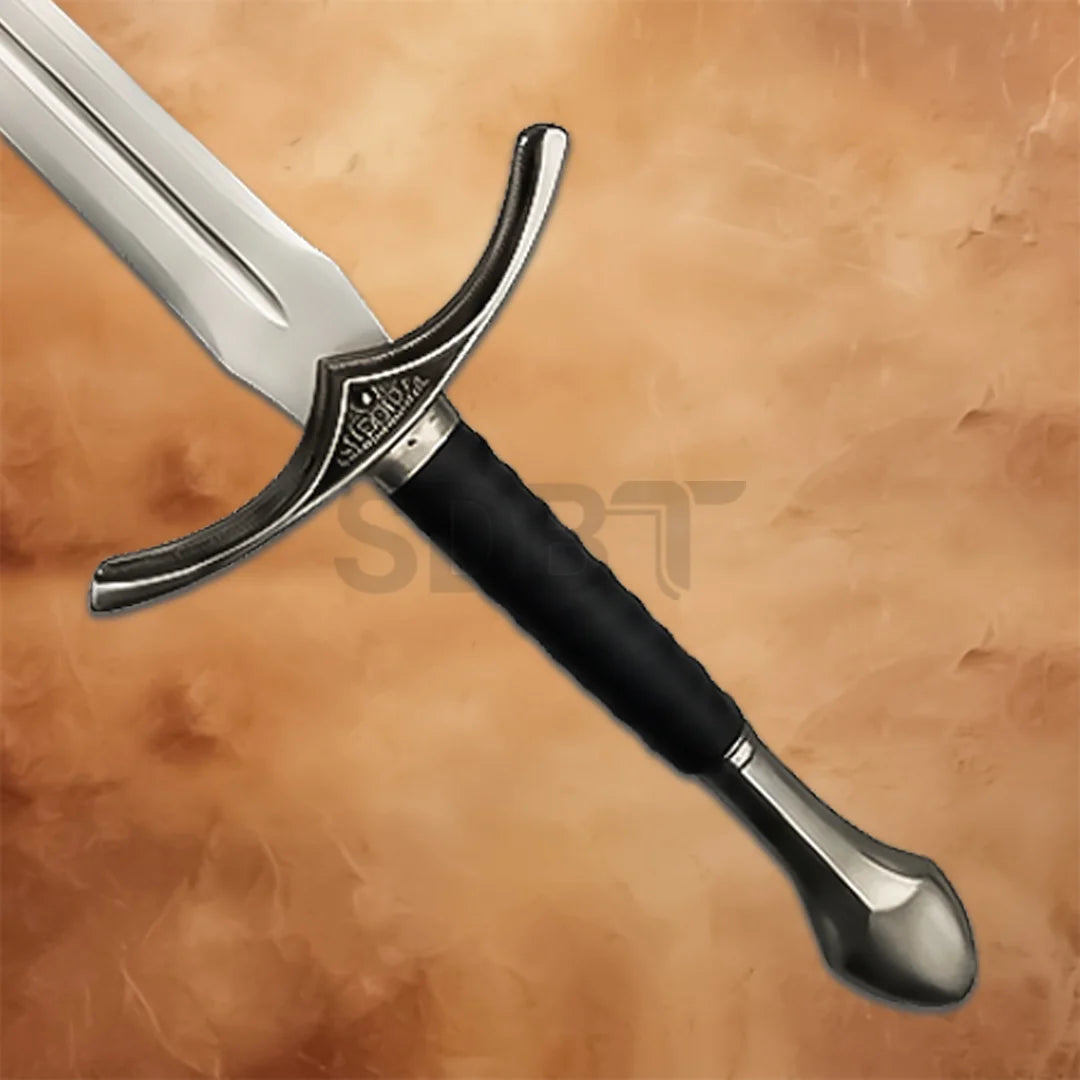 Detailed view of the black Glamdring Sword replica hilt with leather-wrapped grip and decorative guard.