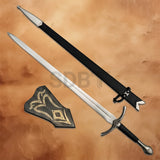 Glamdring Sword From TV Series Black Edition replica with black scabbard and wooden wall display plaque.