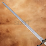 Close-up of the polished stainless steel blade on the Glamdring Sword from the TV Series, highlighting its elegant fantasy craftsmanship.