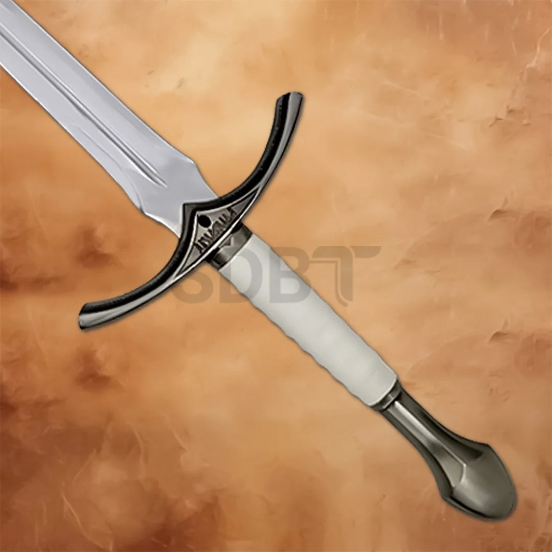 Close-up of the Glamdring Sword from the TV Series, featuring an ornate silver hilt, white grip, and polished stainless steel blade.