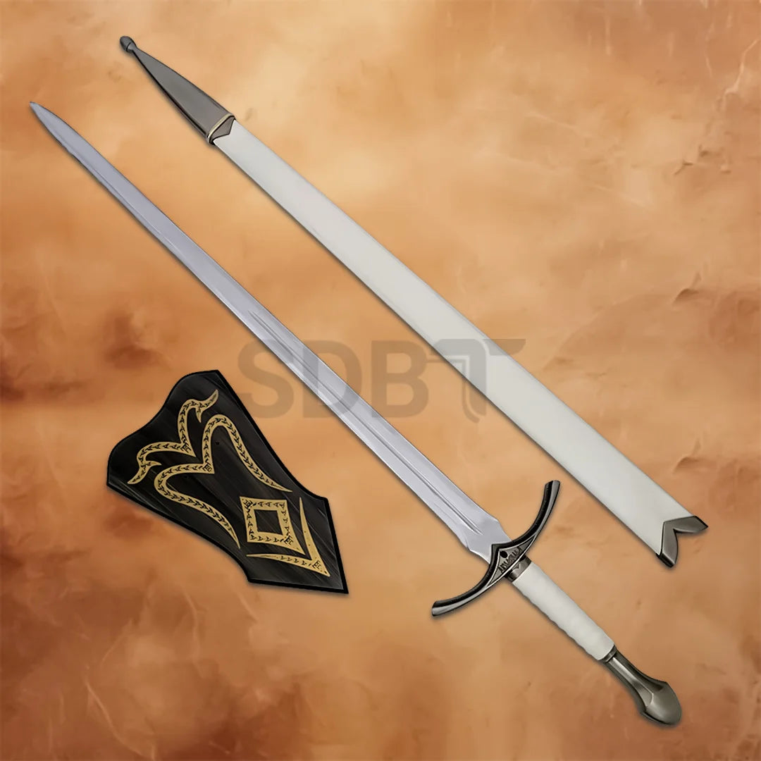 Glamdring Sword from the TV Series displayed with its matching scabbard, featuring a polished stainless steel blade and decorative fantasy craftsmanship.