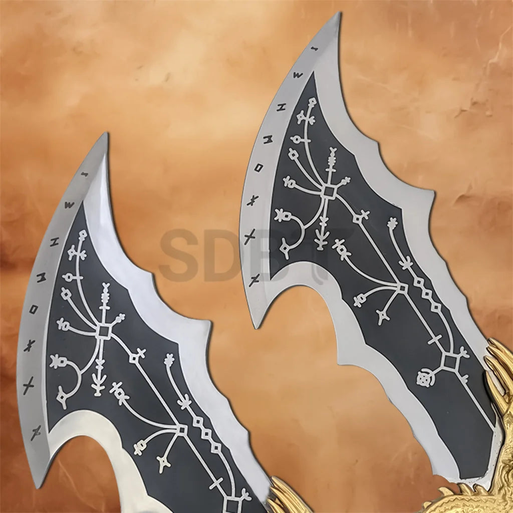 Close-up of the engraved blades on the God of War Blades of Chaos Gold Finished replica featuring detailed Nordic-inspired designs.