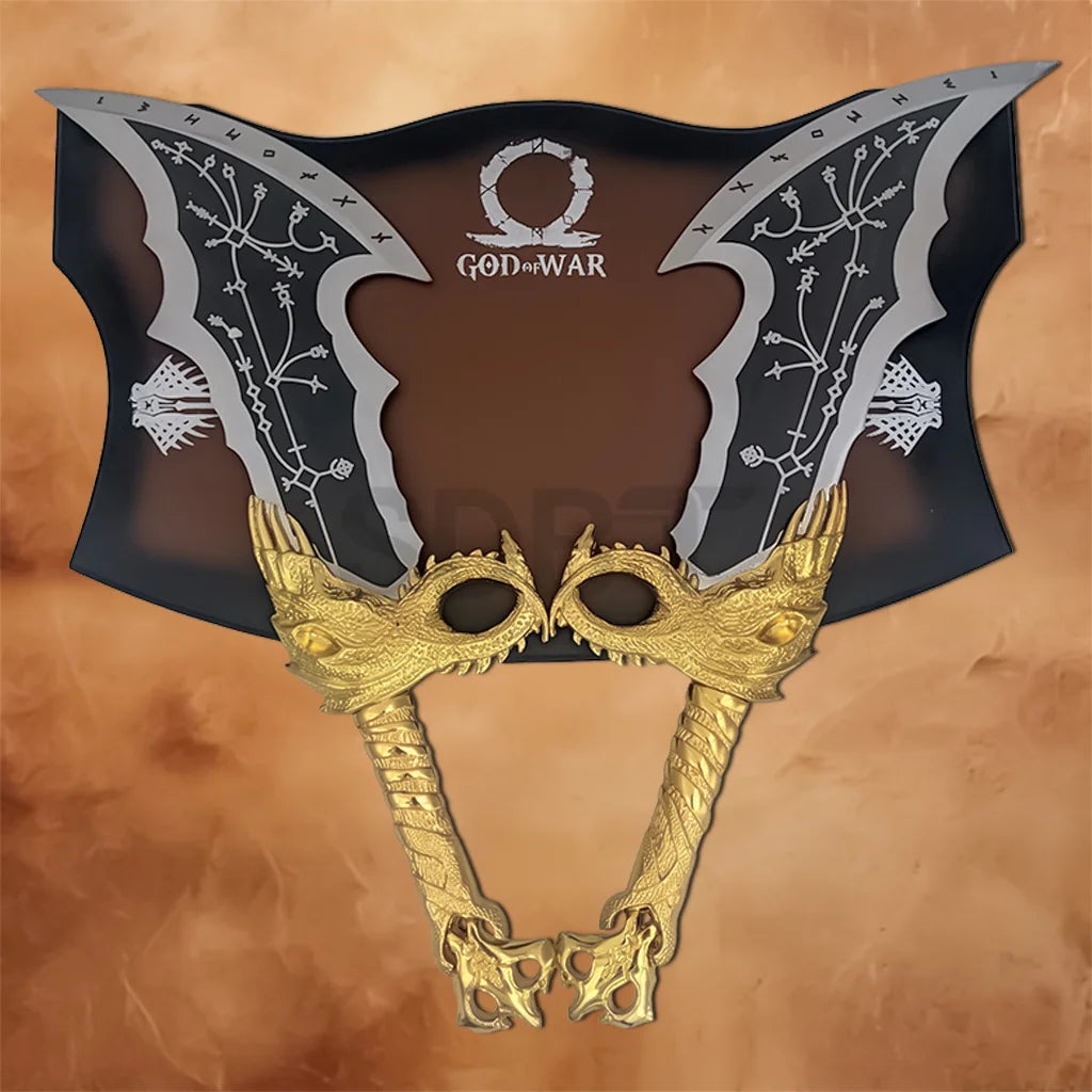 Front view of the God of War Blades of Chaos Gold Finished replica with decorative wall plaque and matching gold dragon-themed handles.