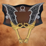 Front view of the God of War Blades of Chaos Gold Finished replica with decorative wall plaque and matching gold dragon-themed handles.