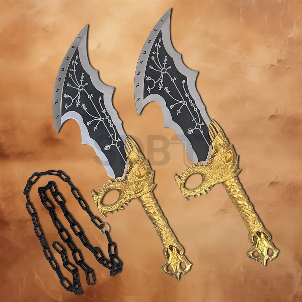 God of War Blades of Chaos Gold Finished replica with detachable chain, engraved silver blades, and detailed gold dragon handles.