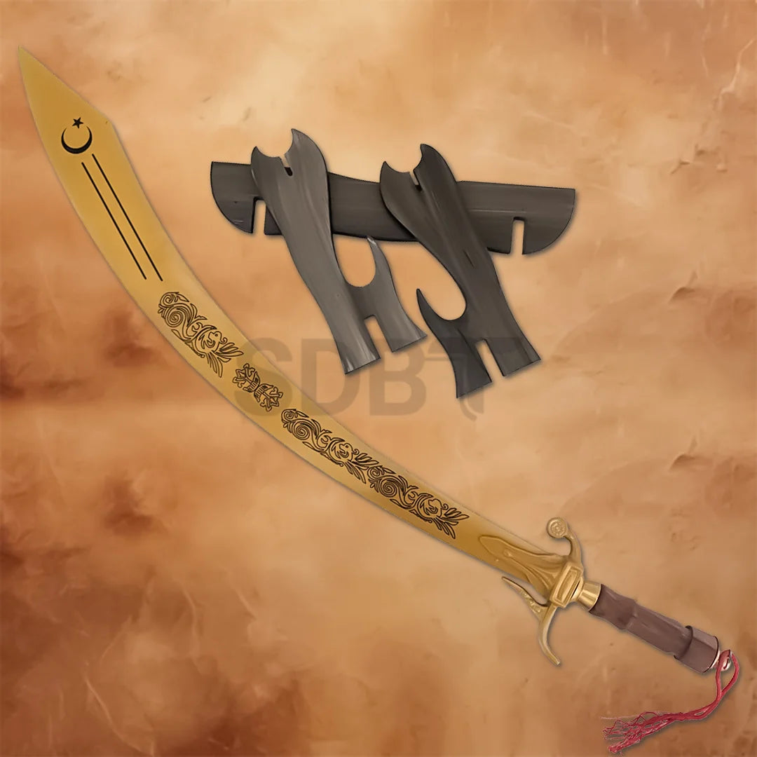 Gold Arabian belly dance dragon scimitar sword with ornate engraved details, curved design and brown wrapped handle.