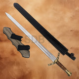 Gold Gondor LOTR Boromir replica sword with leather scabbard and wooden wall display plaque.