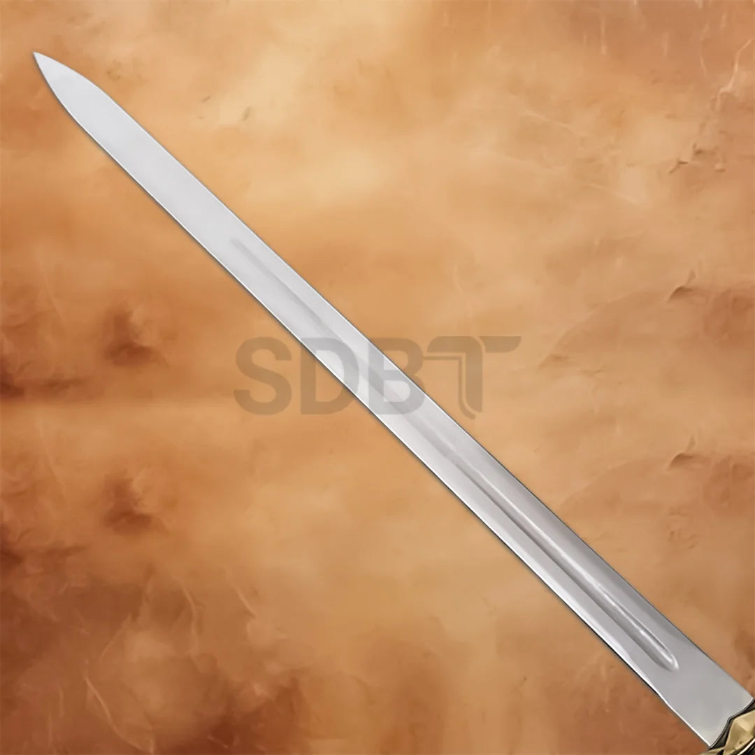 Close-up of the stainless steel blade on the Gold Gondor Boromir replica sword from Lord of the Rings.