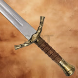 Close-up of the gold hilt and leather-wrapped grip on the Gondor LOTR Boromir Replica Sword.