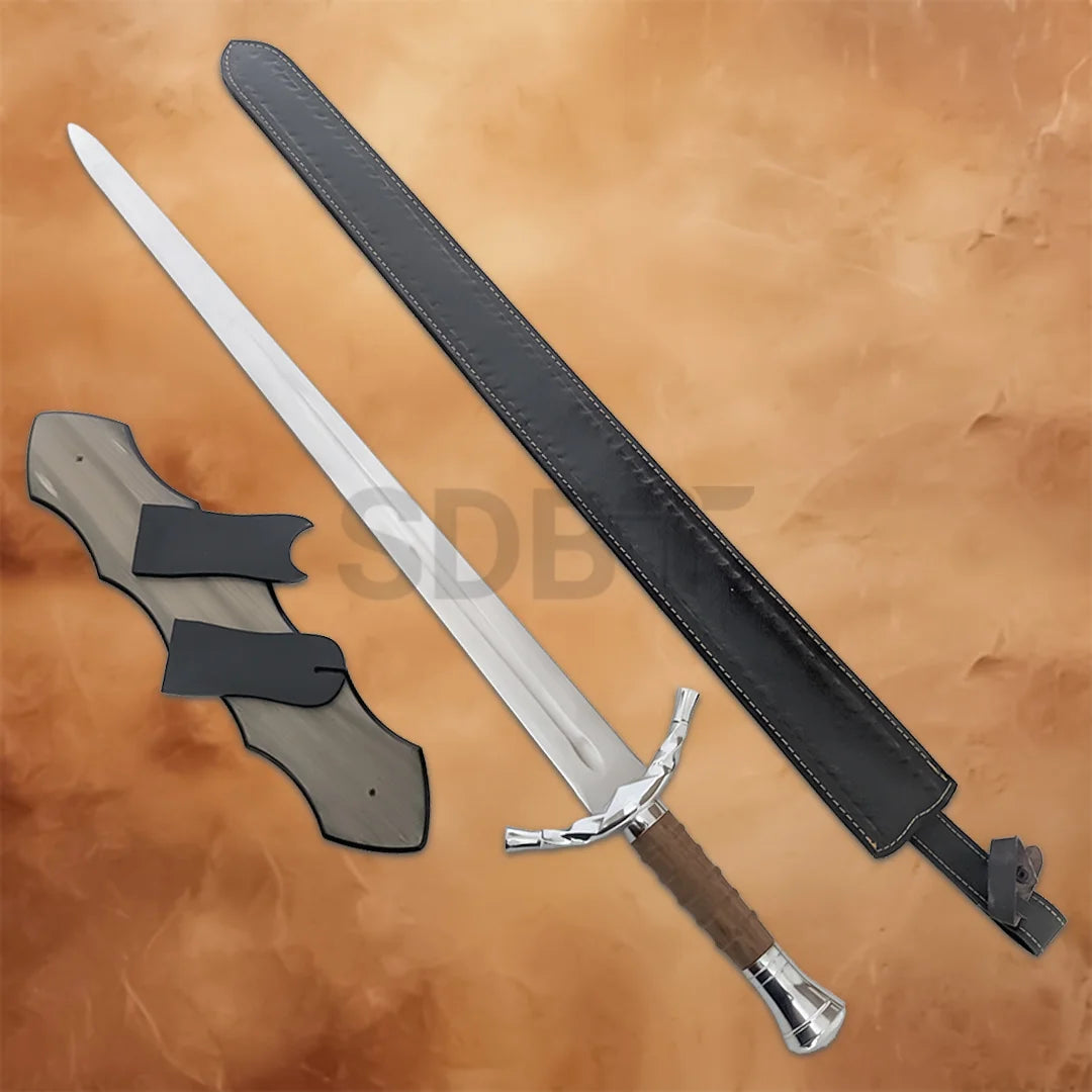 Gondor LOTR Boromir replica sword with scabbard and wooden wall display plaque.