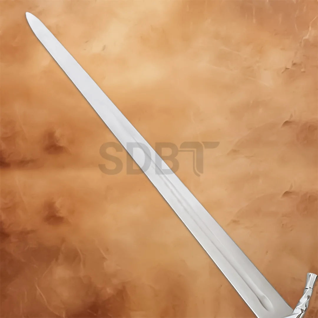 Close-up of the stainless steel blade on the Gondor Boromir LOTR replica sword.