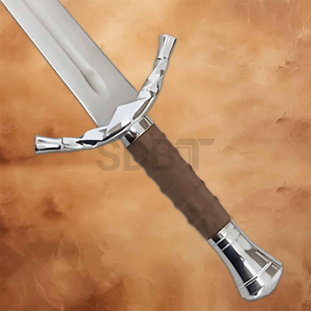 Detailed view of the Gondor Boromir replica sword hilt with leather-wrapped grip and silver guard.