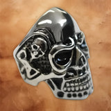 Angled view of the men's large stainless steel skull ring with detailed Gothic skull craftsmanship.