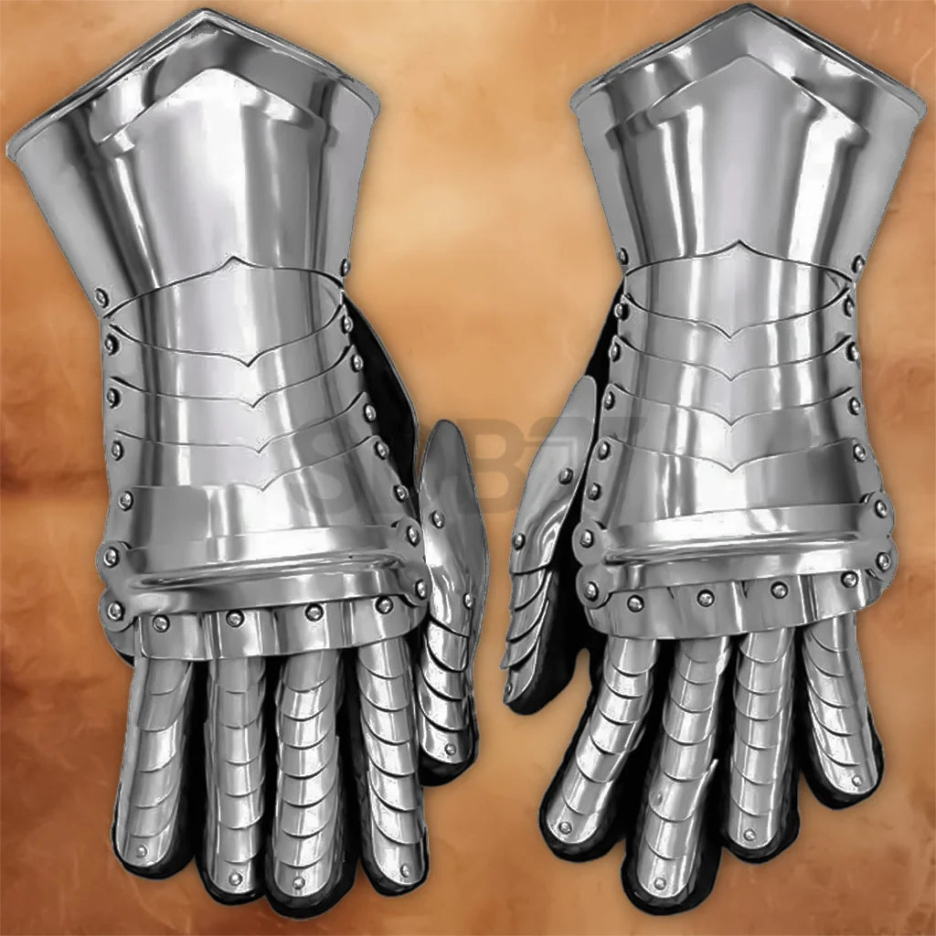 Hand-Forged Medieval Steel Plate Gauntlets featuring polished silver plates, articulated finger sections, riveted detailing, and Gothic armour styling.