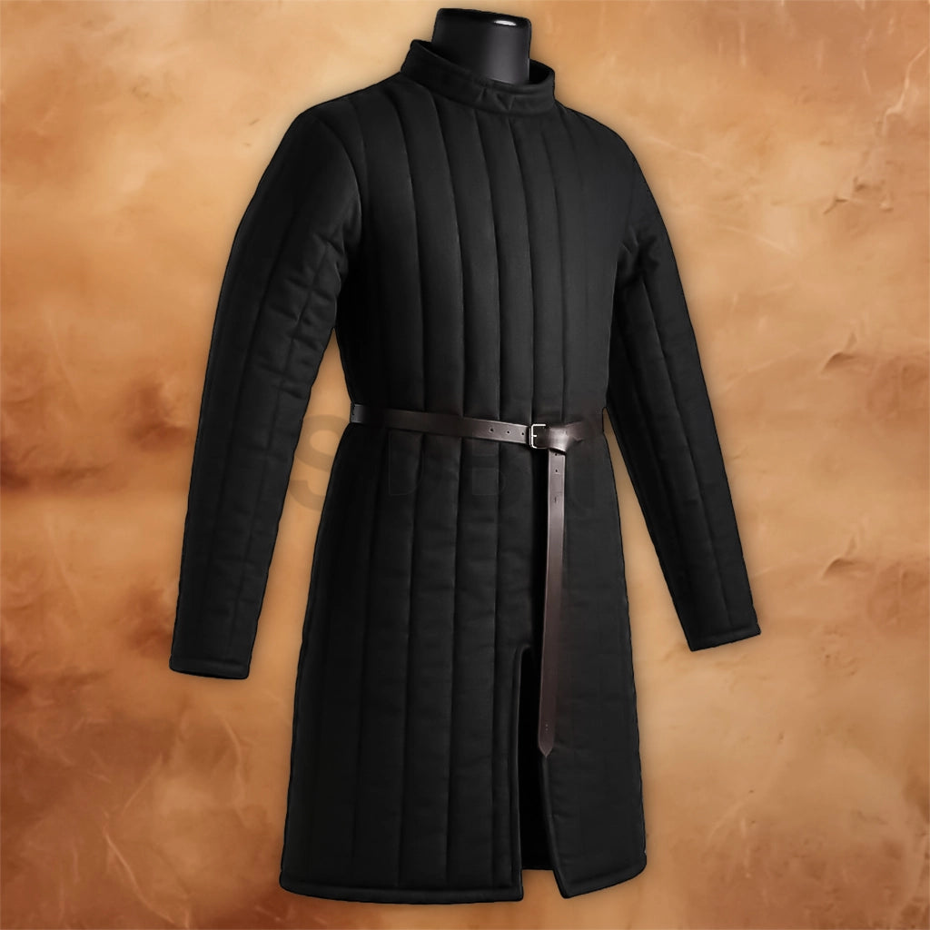 Front view of a Handmade Medieval Gambeson Padded Jacket in black with vertical quilted padding, long sleeves, high collar and a leather waist belt.