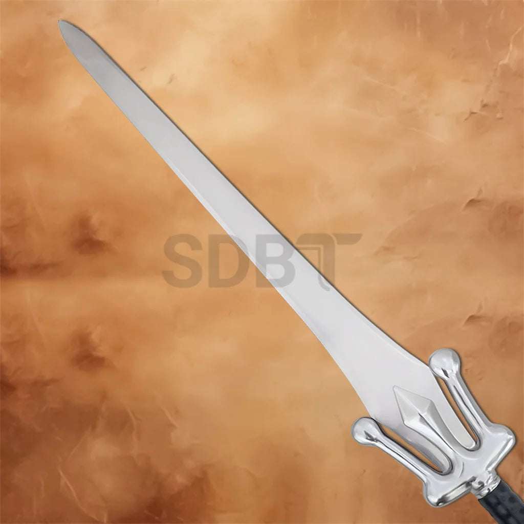 Close-up of the He-Man Power Sword Replica highlighting the polished stainless steel blade and signature fantasy design from Masters of the Universe.