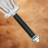 Close-up of the He-Man The Power Sword Replica featuring the black textured grip, polished silver guard, and decorative pommel for an authentic display.