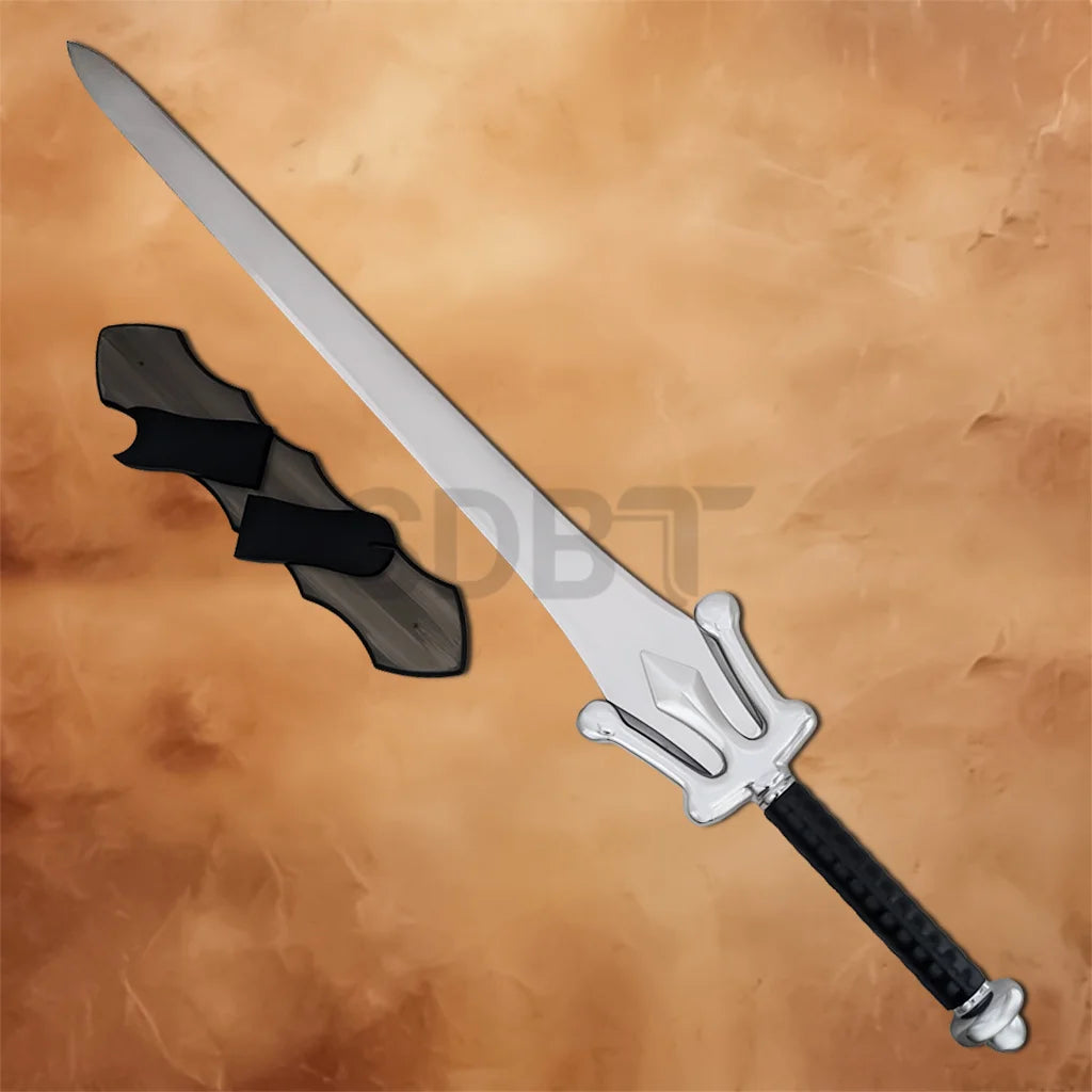 Complete He-Man The Power Sword Replica set including the stainless steel fantasy sword and wooden wall display plaque, perfect for Masters of the Universe collectors and cosplay displays.