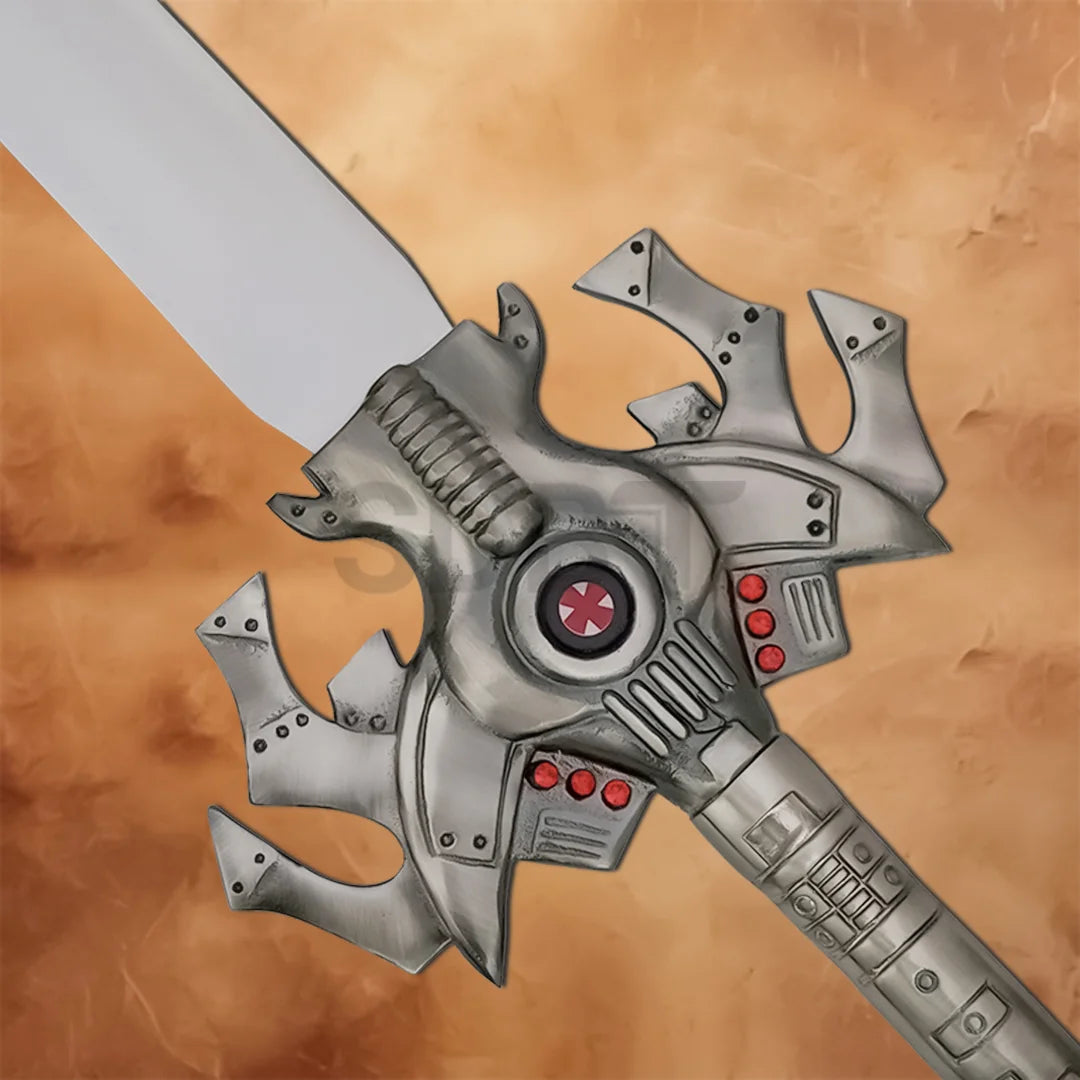 Detailed close-up of the He-Man Sword Replica guard with intricate mechanical-style fantasy design and decorative accents.