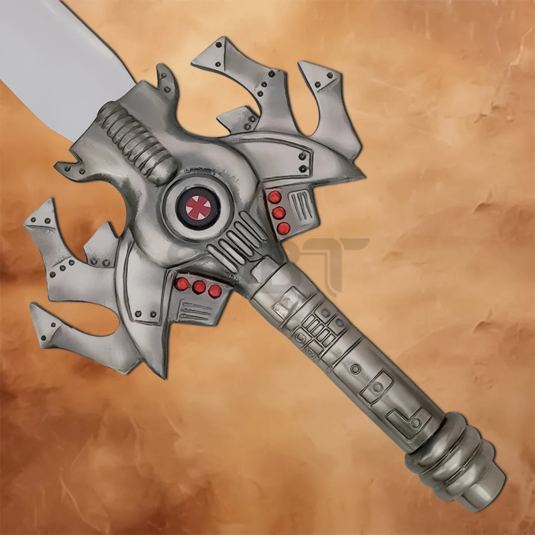 Close-up of the Masters of the Universe He-Man Sword Replica hilt featuring engraved metallic details and textured grip.