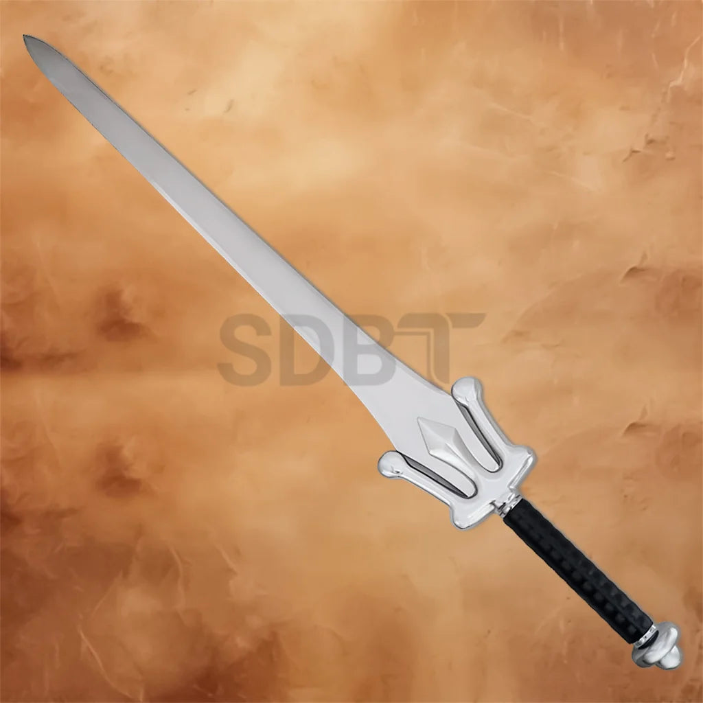 Full view of the He-Man The Power Sword Replica featuring a polished stainless steel blade, iconic silver crossguard, black textured grip, and detailed pommel inspired by Masters of the Universe.