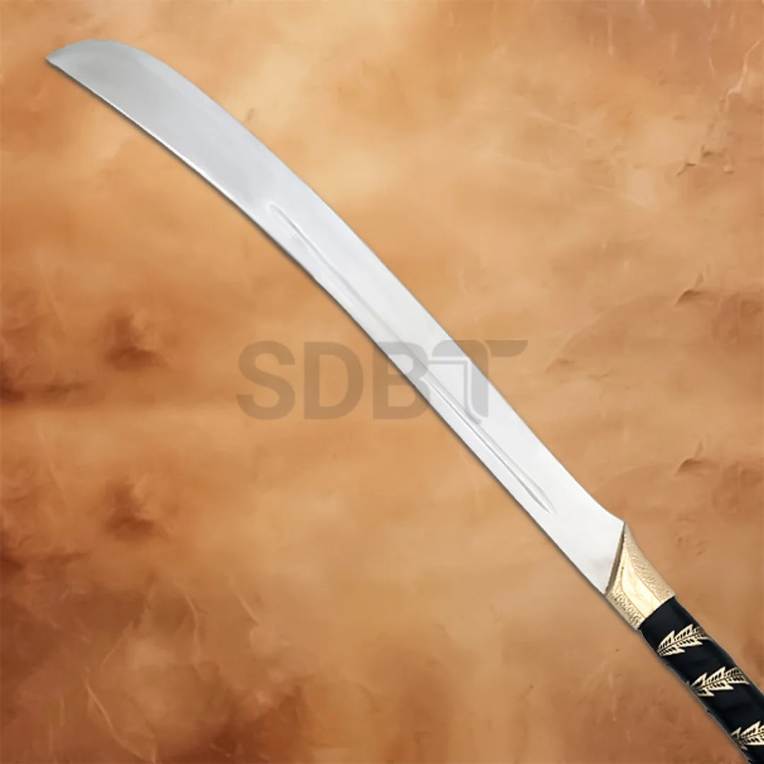 Close-up of the High Elven Warrior Sword replica blade showcasing its polished stainless steel finish and graceful curved profile.