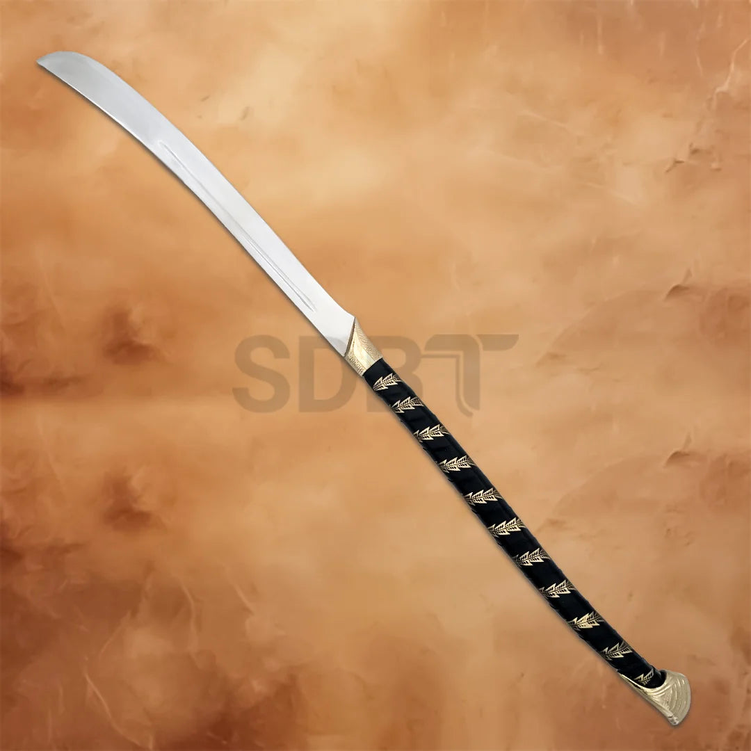 Full-length High Elven Warrior Sword replica featuring a polished stainless steel blade, black wrapped handle with gold accents, and elegant Elven-inspired design.