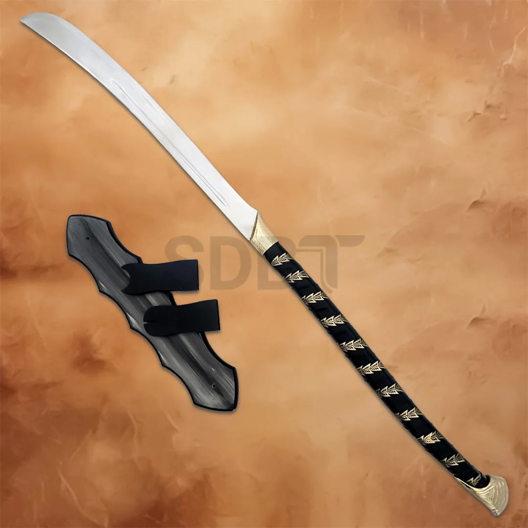 High Elven Warrior Sword replica displayed with a wooden wall mounting plaque, perfect for Lord of the Rings collectors and fantasy weapon displays.