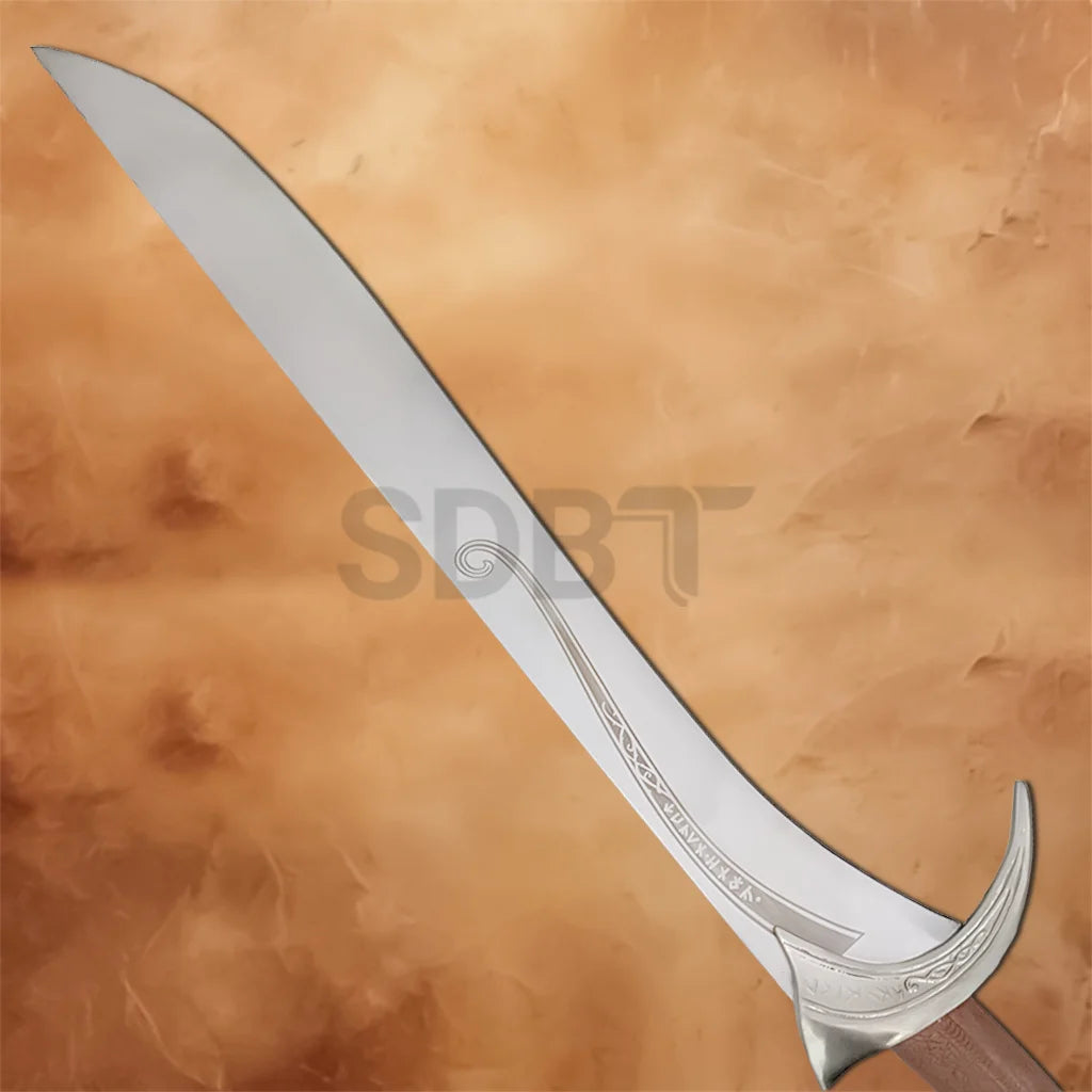 Close-up of the engraved Elven blade on the Hobbit Orcrist Sword replica, showcasing intricate runes and polished finish