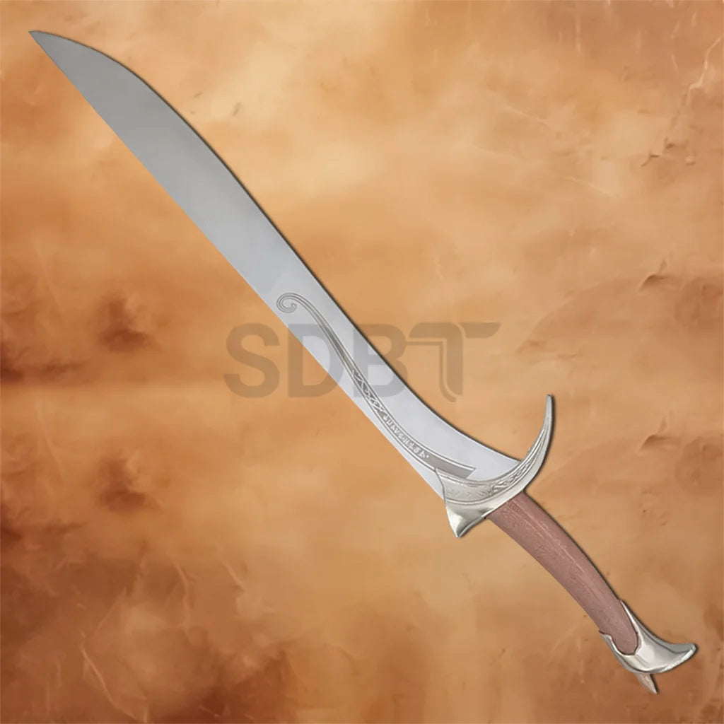 Full view of the Hobbit Orcrist Sword of Thorin Oakenshield replica with engraved Elven blade and premium display craftsmanship