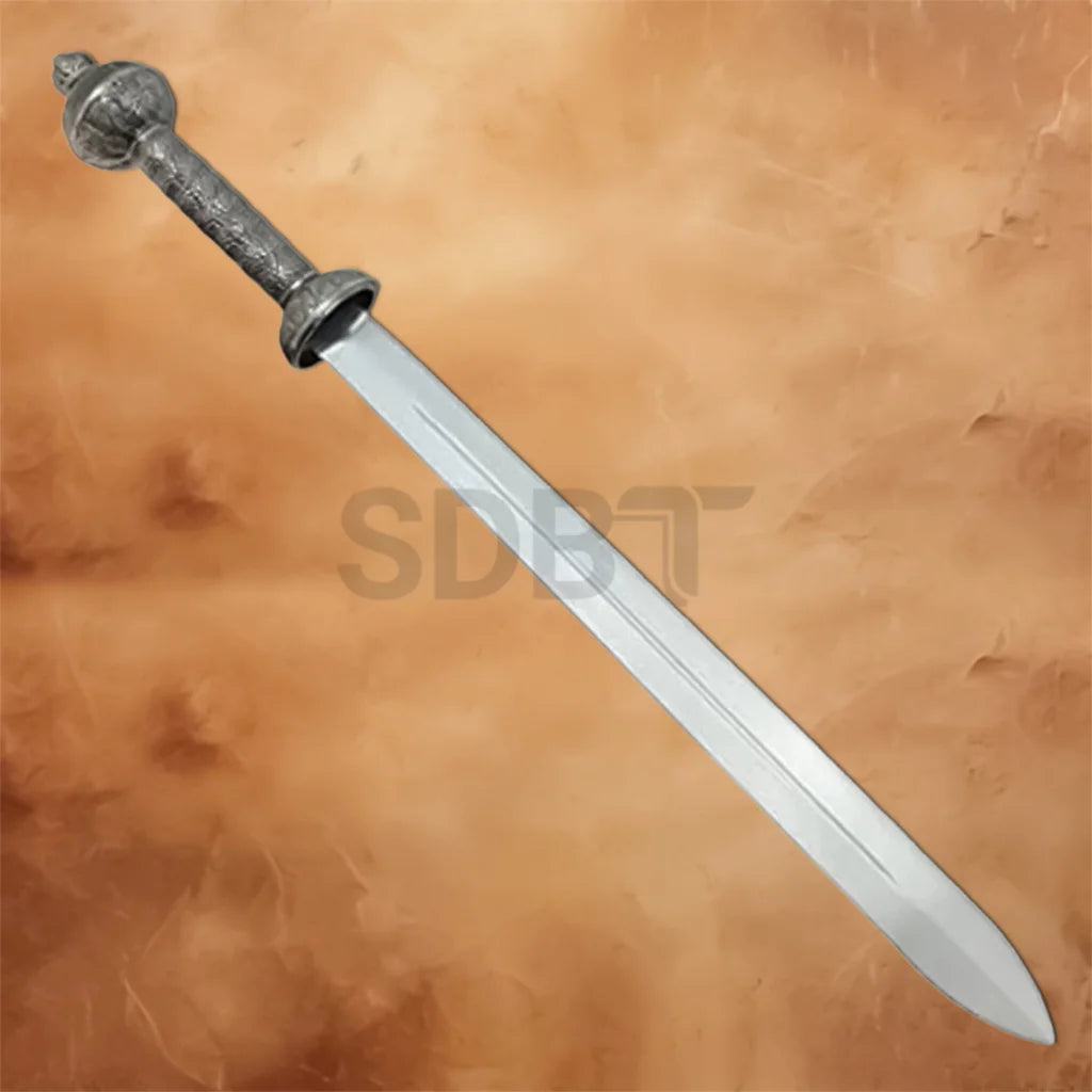 Close-up of the Imperial Gladiator Sword Replica showcasing its engraved Roman-inspired metal hilt and grip.