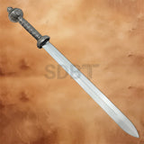 Close-up of the Imperial Gladiator Sword Replica showcasing its engraved Roman-inspired metal hilt and grip.
