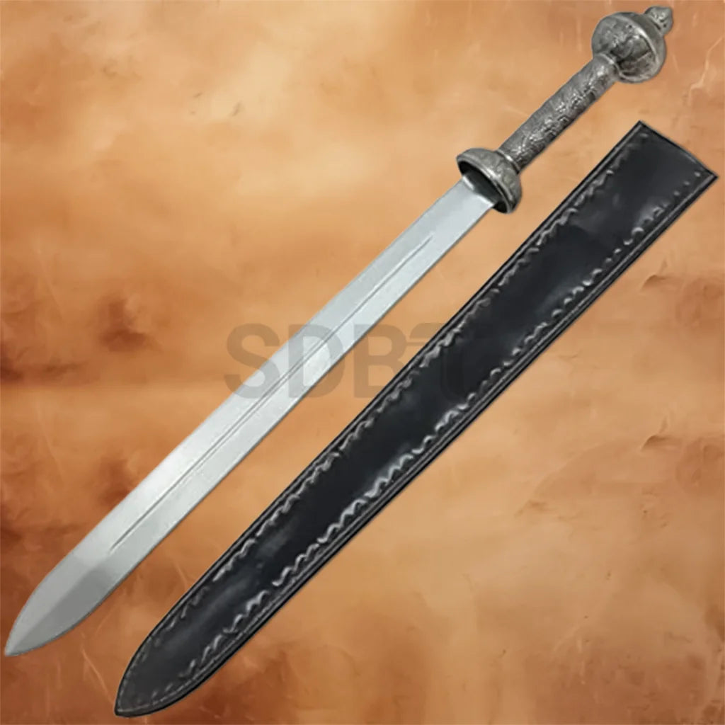 Imperial Gladiator Sword Replica with black protective scabbard, perfect for display, cosplay, and historical collections.