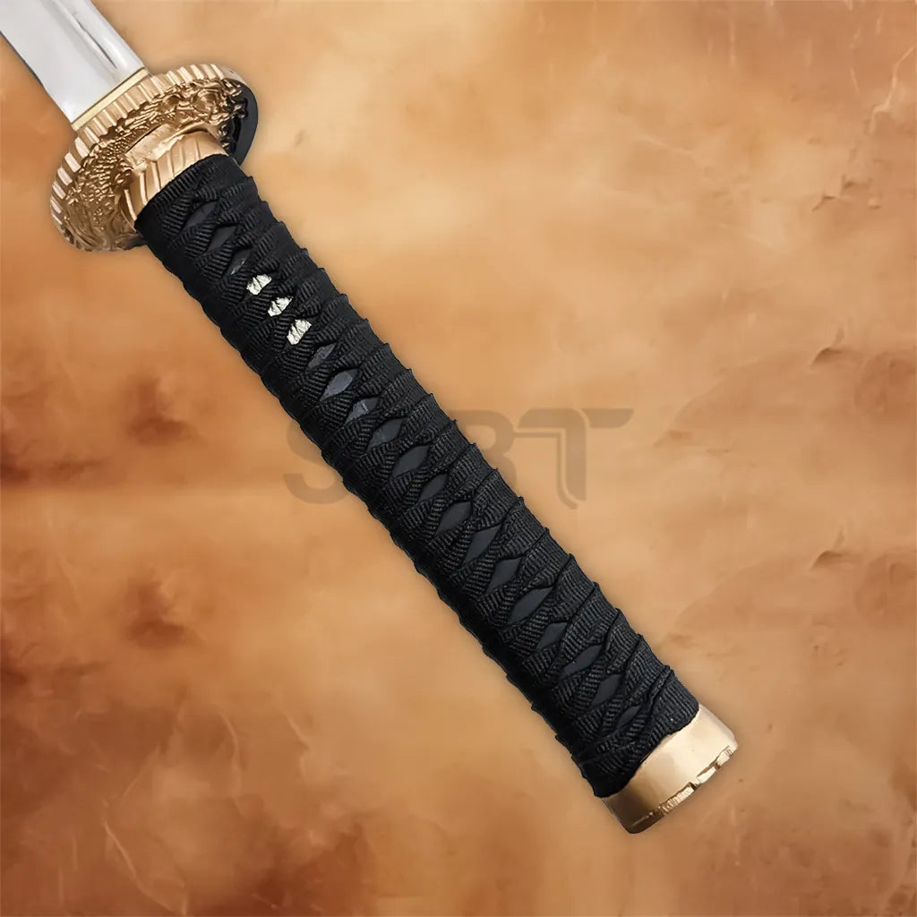 Close-up of Japanese katana black wrapped handle and gold-tone guard