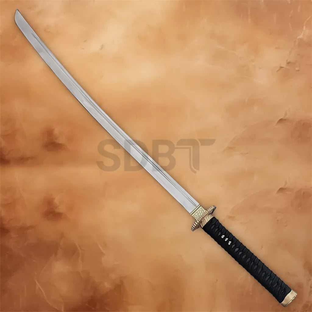 Full-length Japanese katana replica with silver blade and black grip