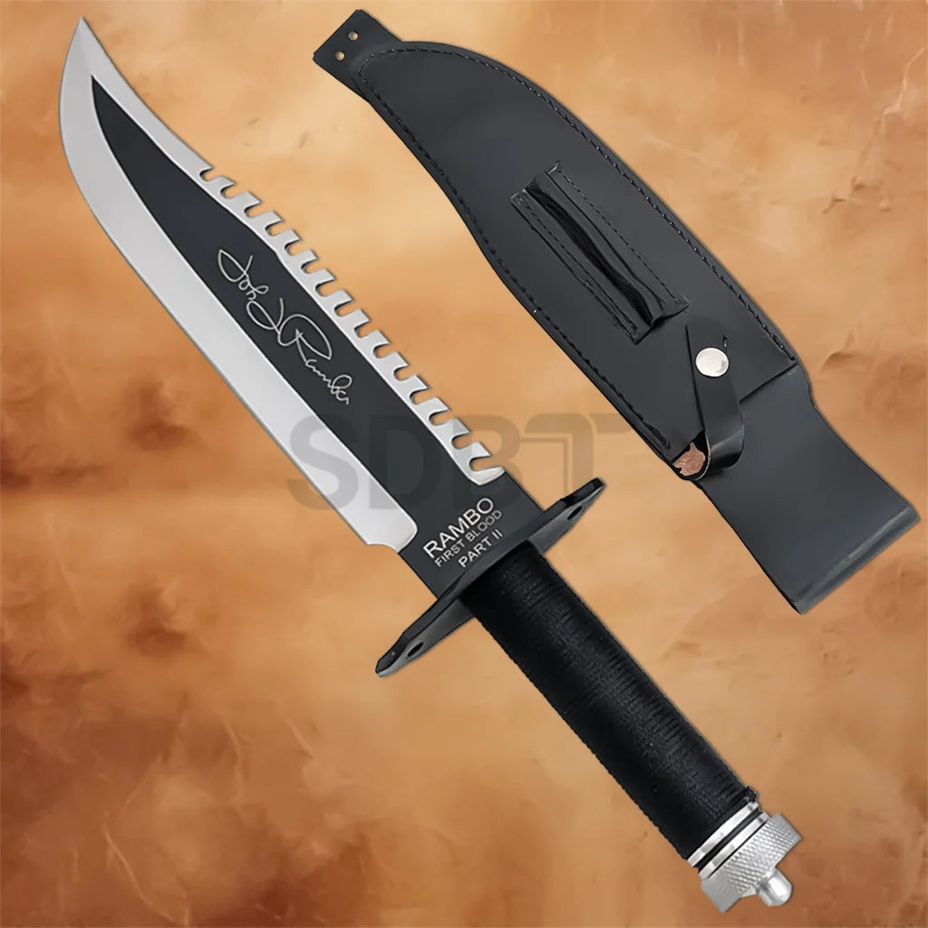 John Rambo movie knife replica inspired by First Blood Part II, ideal for film memorabilia collections.