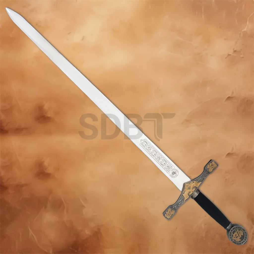Detailed Excalibur medieval sword blade with decorative engraved design and antique finish.

Image 4