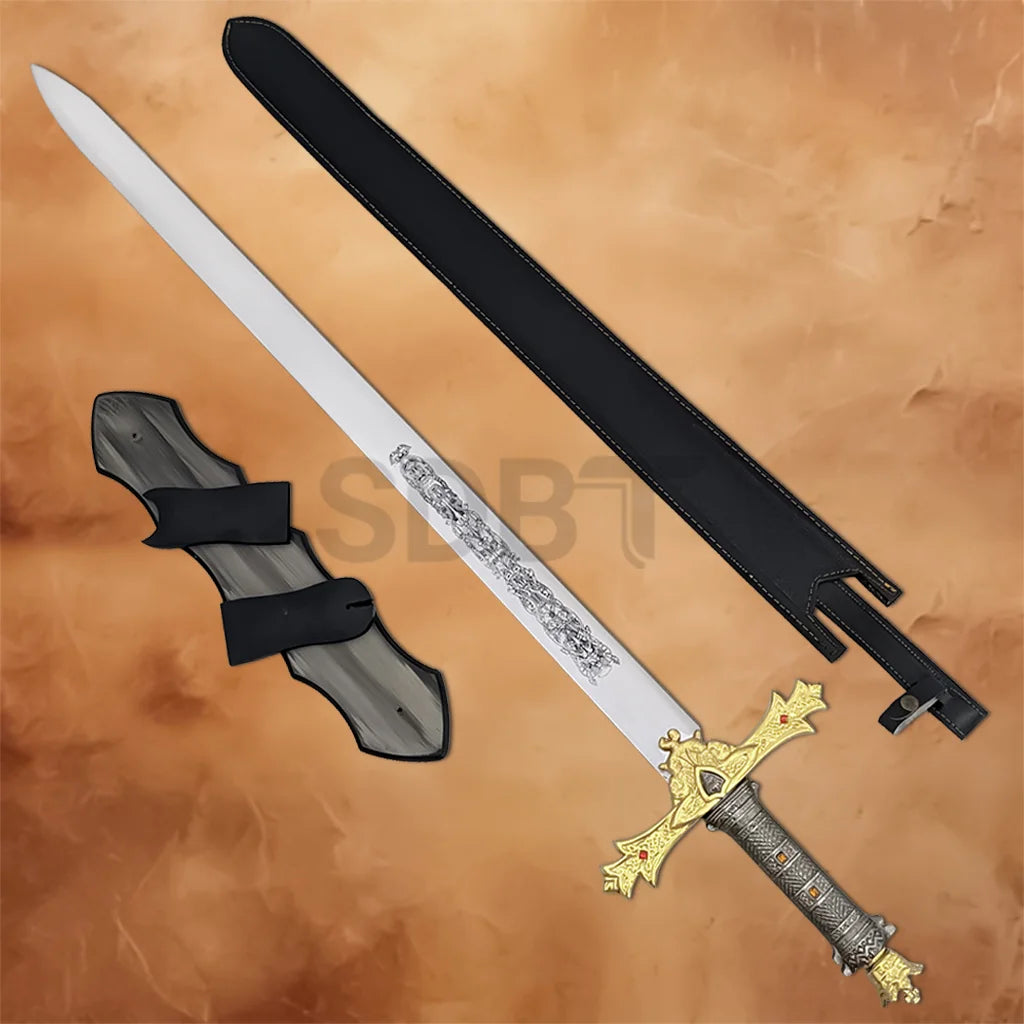 King Arthur's Excalibur Sword in the Stone Collectors Replica displayed with a wooden wall mount and protective scabbard.