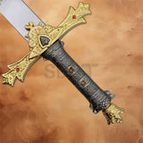 Detailed close-up of the ornate gold crossguard, decorative grip, and pommel on King Arthur's Excalibur Sword Collectors Replica.
