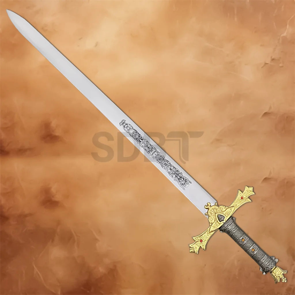 Complete view of King Arthur's Excalibur Sword in the Stone Collectors Replica showcasing the engraved blade and medieval-inspired hilt.