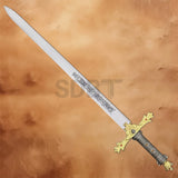 Complete view of King Arthur's Excalibur Sword in the Stone Collectors Replica showcasing the engraved blade and medieval-inspired hilt.