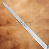 Close-up of the polished stainless steel blade on the King Theoden Herugrim Sword Replica from The Lord of the Rings.