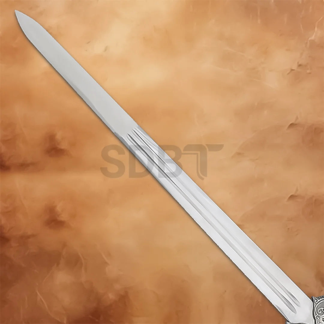 Close-up of the polished stainless steel blade on the King Theoden Herugrim Sword Replica from The Lord of the Rings.