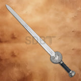 Full view of the King Theoden Herugrim Sword Replica from The Lord of the Rings with a polished stainless steel blade and decorative hilt.