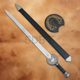 King Theoden Herugrim Sword Replica displayed with its matching scabbard, crafted with a stainless steel blade for collectors and display.