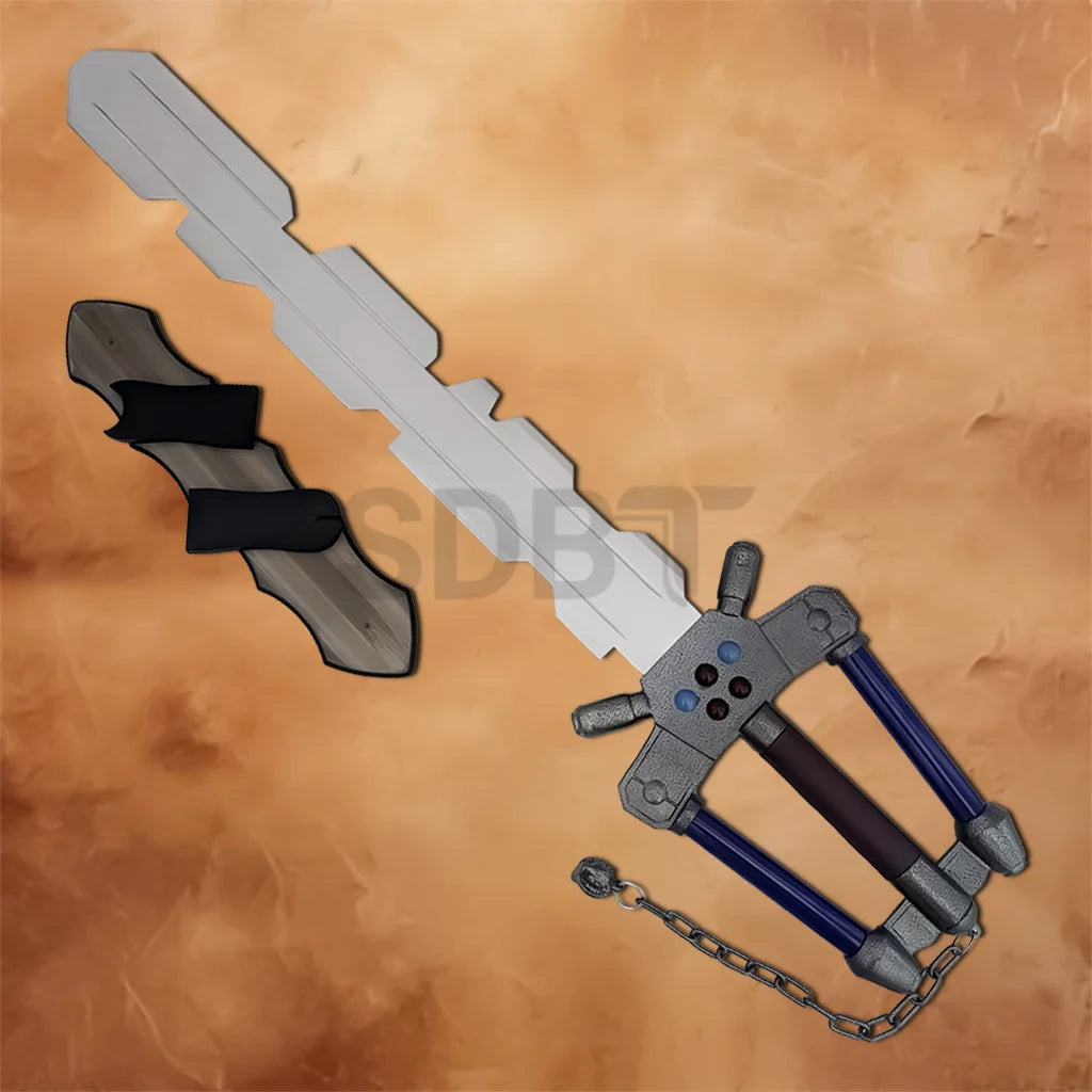 Detailed close-up of the Kingdom Hearts II Fenrir Keyblade replica handle showing the metallic guard, blue grip bars, decorative accents, and chain attachment.